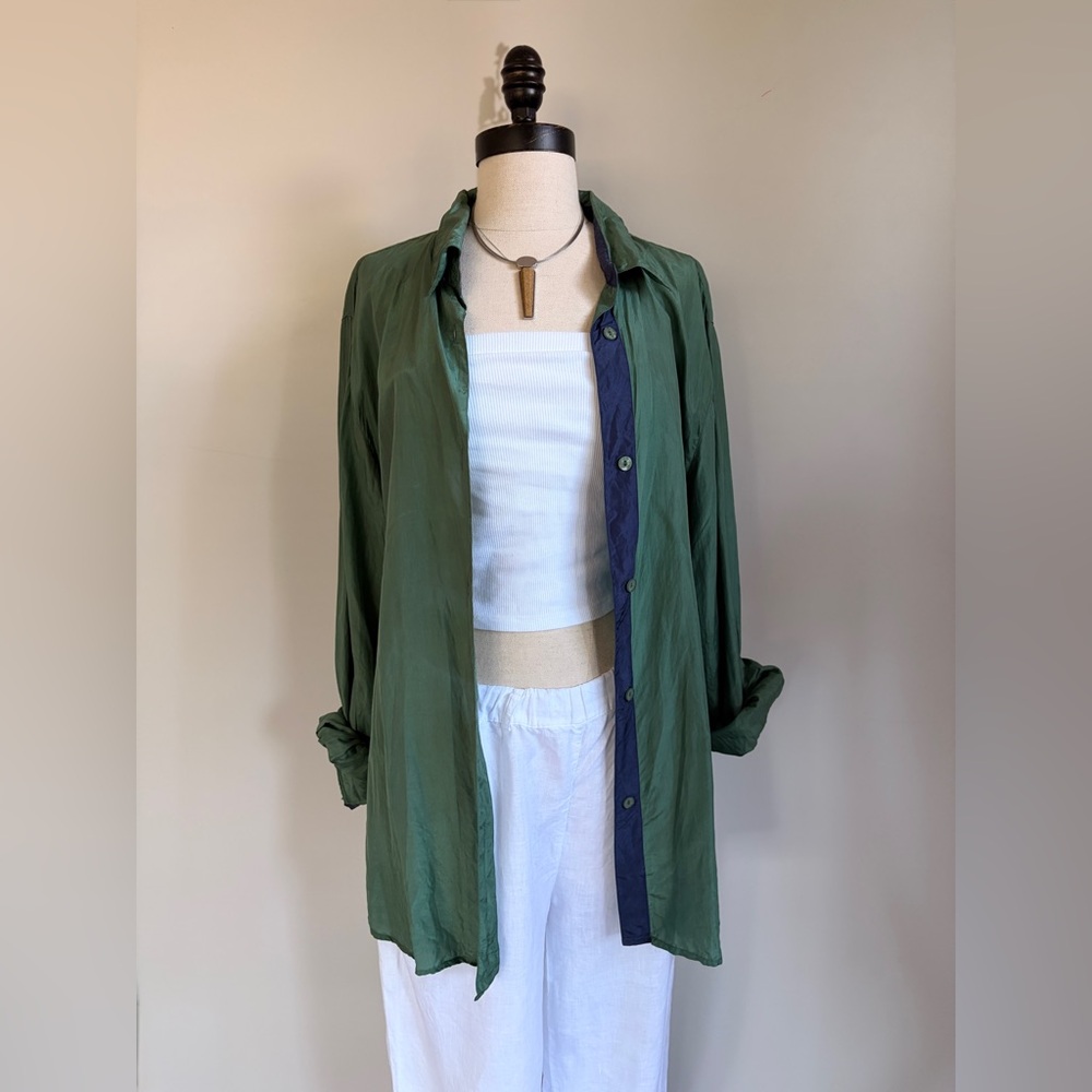 Vintage 1980s Oversized Green Silk Button Up Shirt